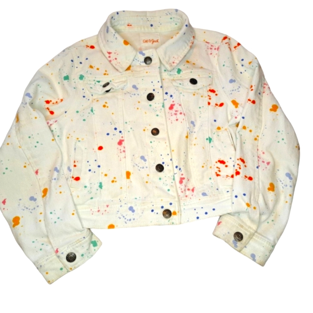 Cat & Jack White Denim Jacket Paint Splatter Size Small